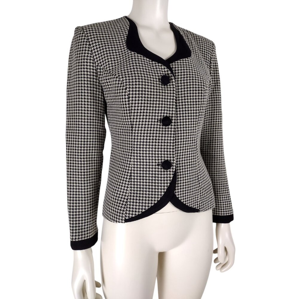 Vintage 1980s Black and Tan Houndstooth Tailored Button Down Jacket 4P - Picture 2 of 11